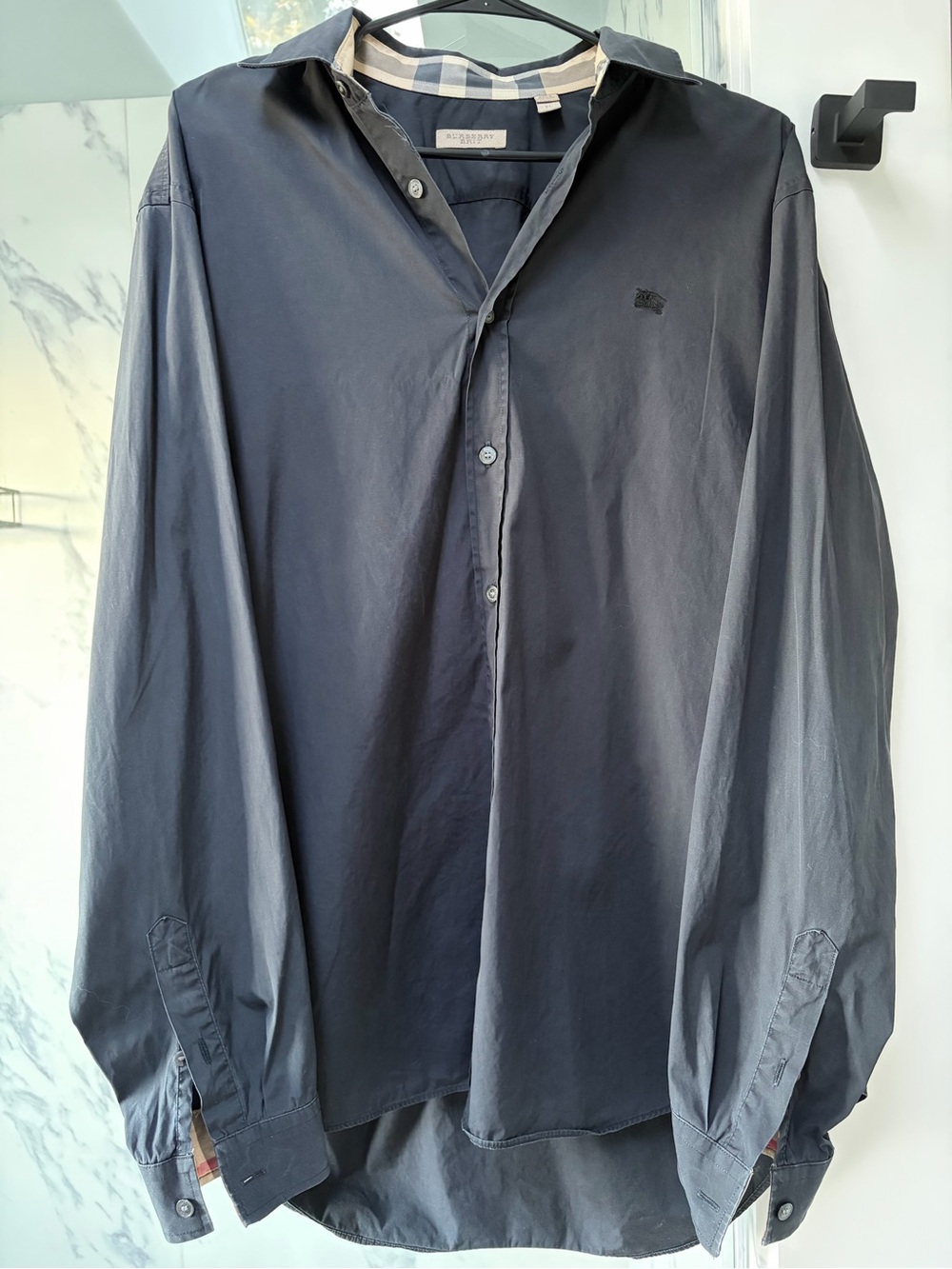 Burberry Brit Men’s XL Dark Charcoal Button-Up Shirt Check Trim Logo